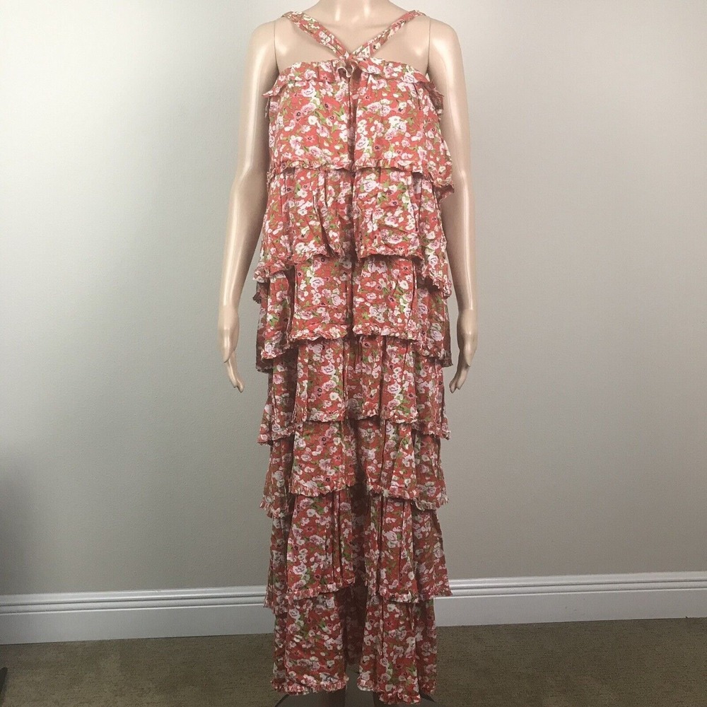 TOV Holy G Inc Red Floral Tiered Halter Maxi Dress Sz 42 10/12 Boho Cottagecore